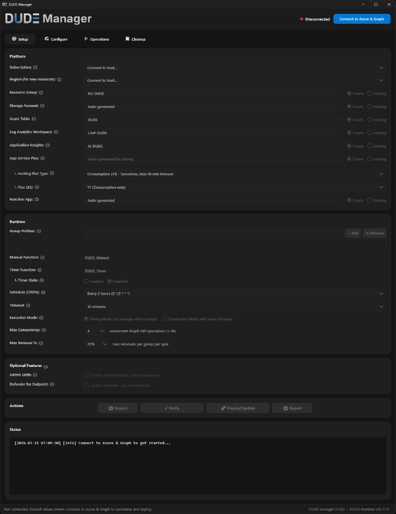DUDE Manager — Setup tab