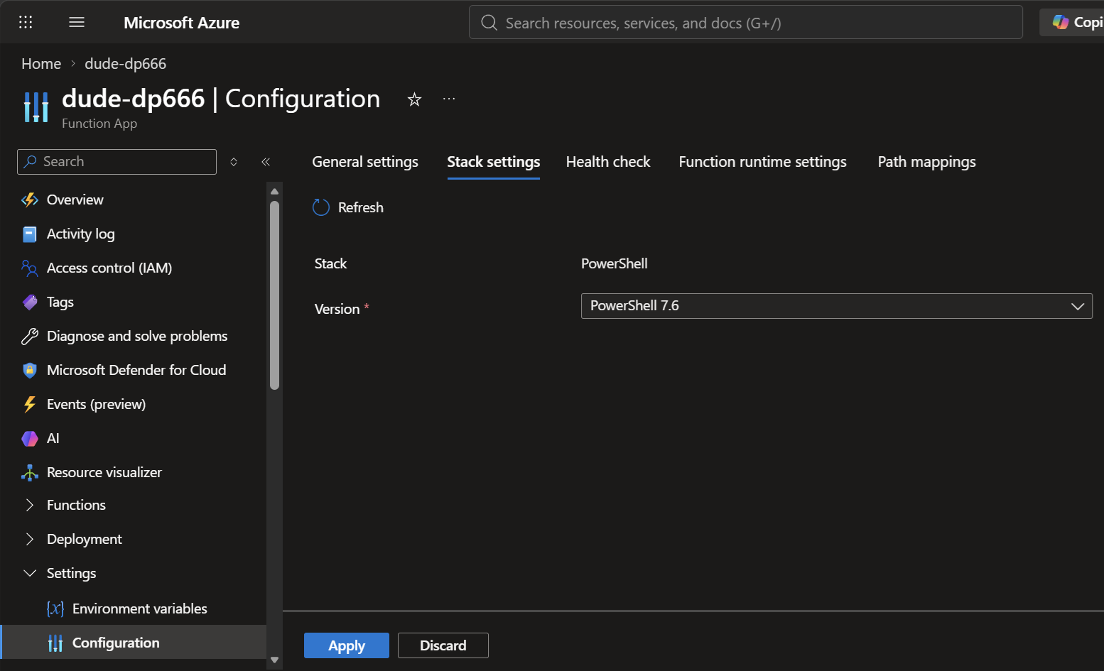 Azure portal Stack settings with PowerShell 7.6 selected and the Apply button visible