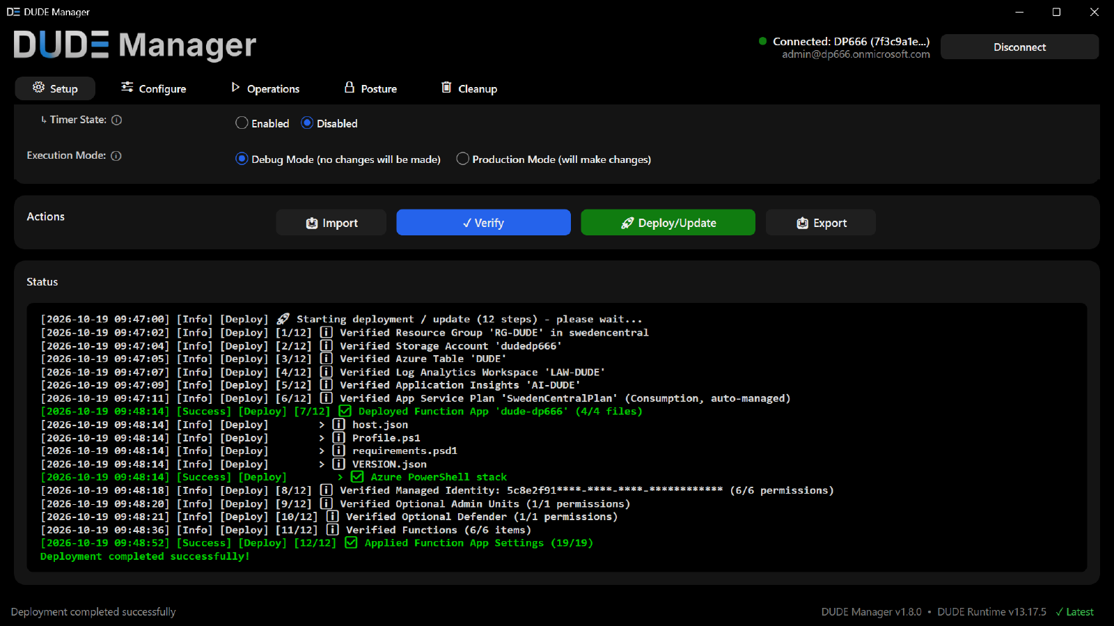 Demo illustration of Debug and Timer Disabled selected in Setup with example successful Deploy/Update output
