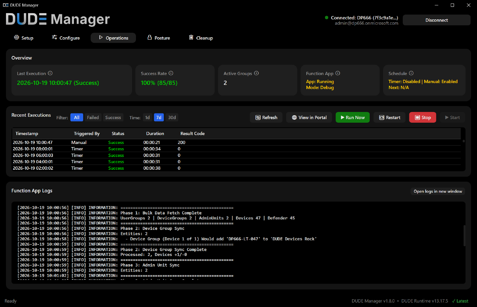 Demo illustration of Operations in Debug mode with Timer Disabled, a manual execution and WhatIf output