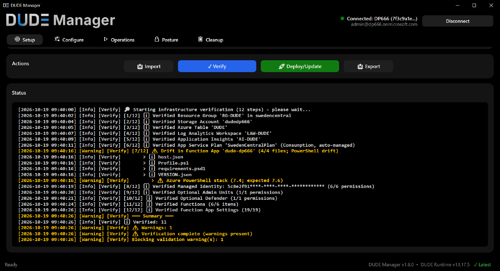 Demo illustration of Verify warning that the configured PowerShell stack is 7.4 and the expected version is 7.6
