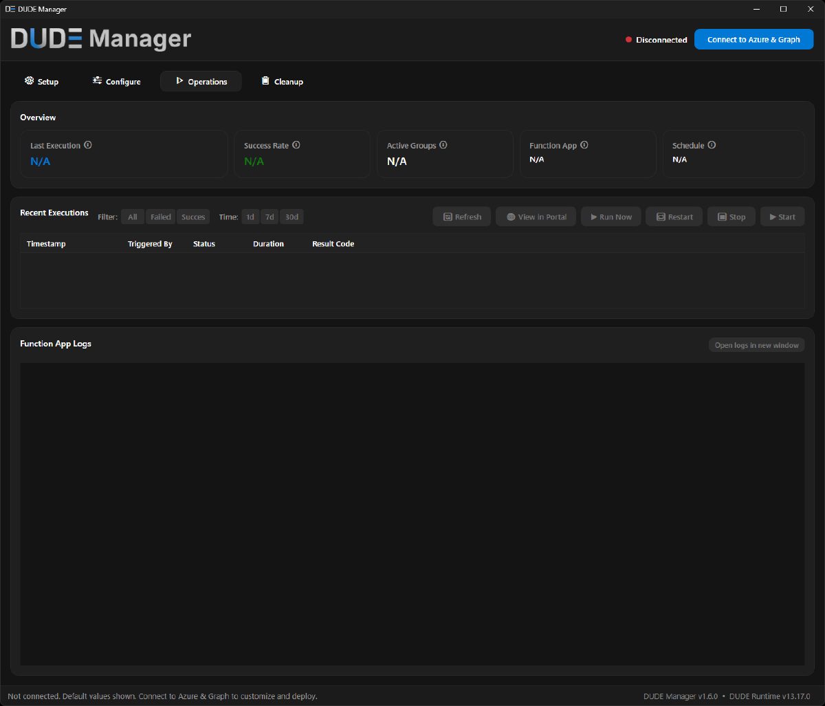 Operations — executions, status and live logs